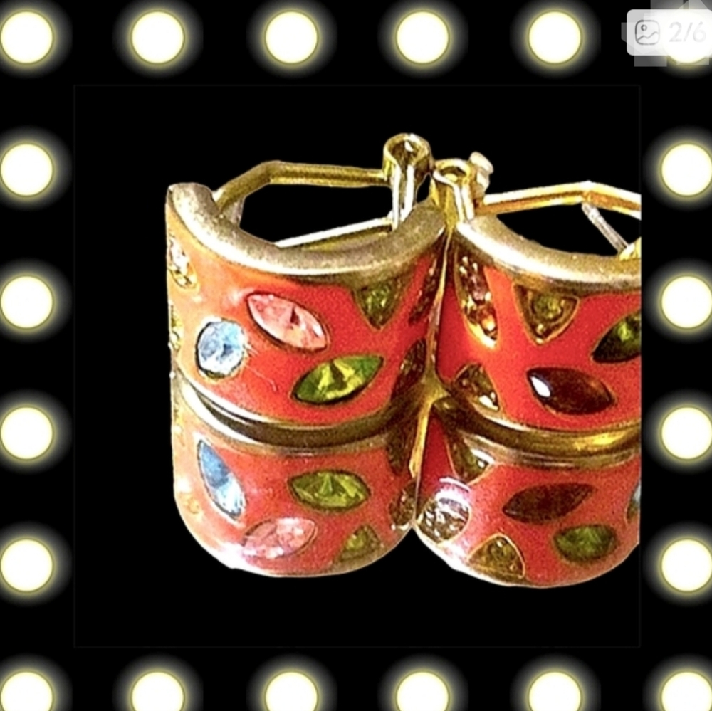 Colorful Gemstones Hoop Earrings Vintage 70s Enemal Sparkly 1 Inch See Pics - Picture 4 of 5